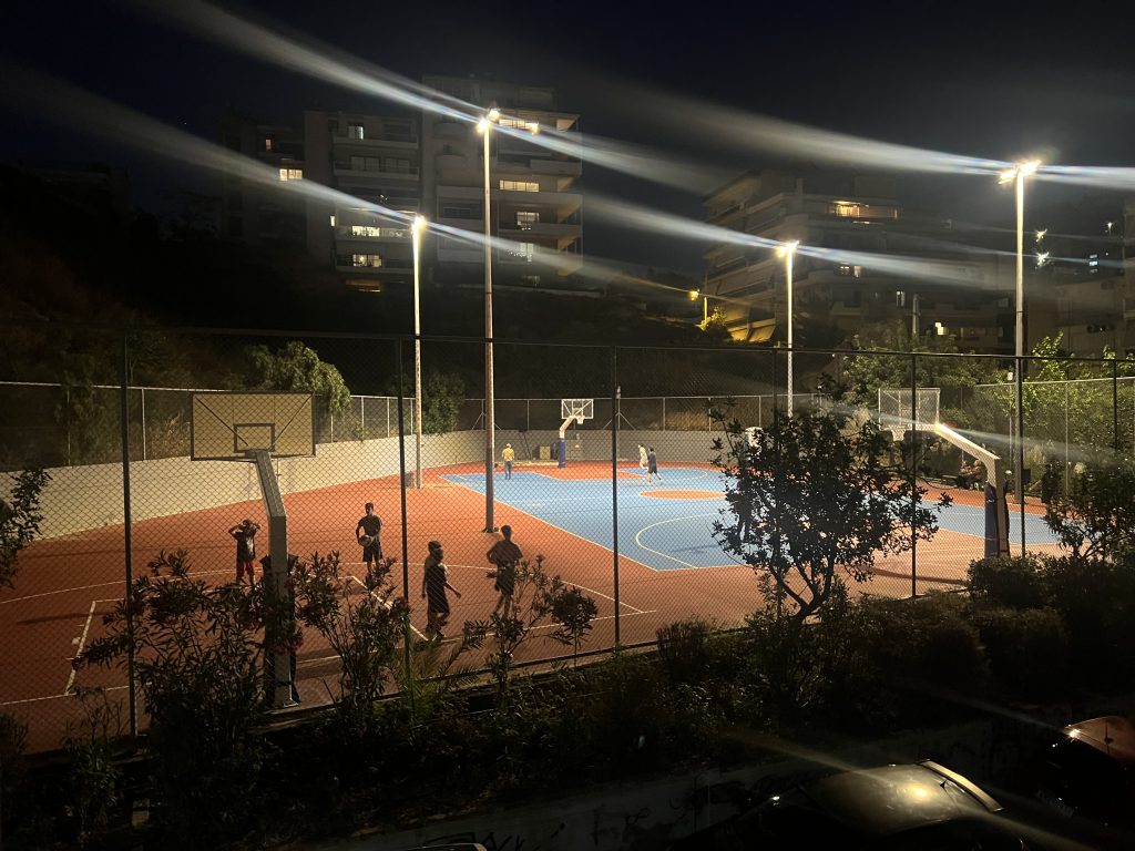 A nearby basketball court